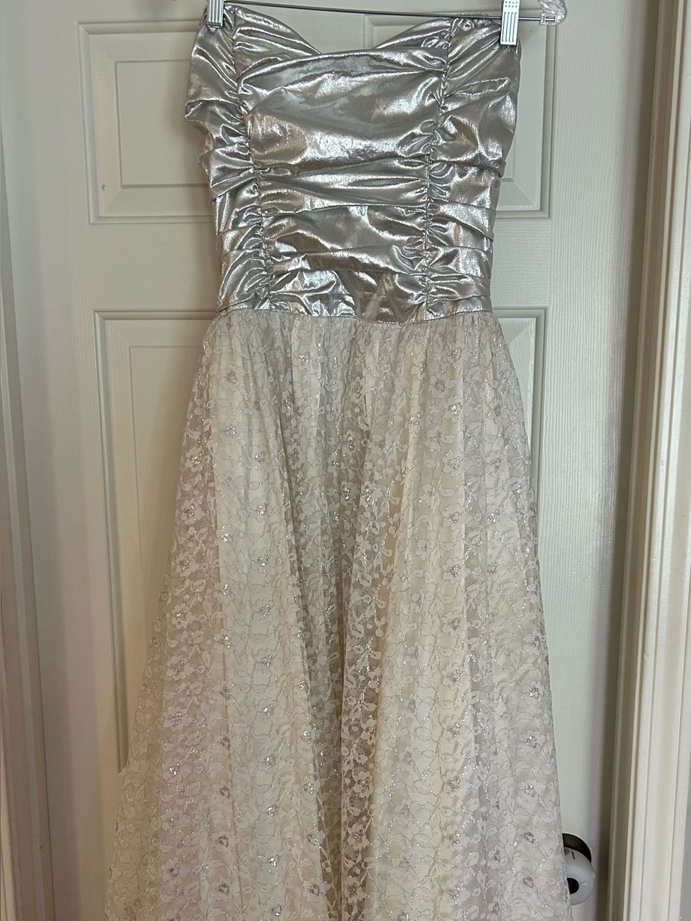 Gunne Sax Strapless Silver Bodice with Ivory Lace Skirt Gown